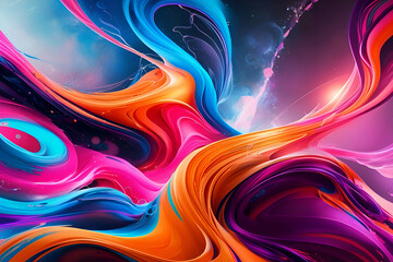 The image you sent is a vibrant and dynamic abstract artwork. It features swirling, flowing forms in a variety of bright colors, including blue, orange, pink, and purple. The overall impression 