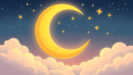 Fototapeta premium Cartoon crescent moon with soft golden glow and twinkling stars, surrounded by fluffy clouds 