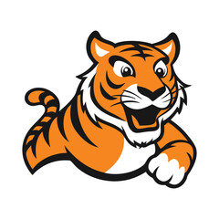A playful tiger mascot logo featuring a cute, energetic tiger running with a joyful expression, vibrant orange and black stripes, and a dynamic, fun design perfect for branding.