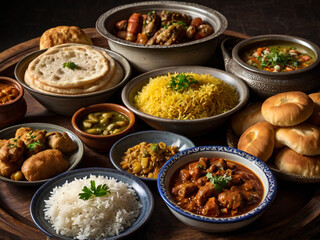  A variety of Middle Eastern or Mediterranean dishes including rice, stews, fried foods, and breads on a table