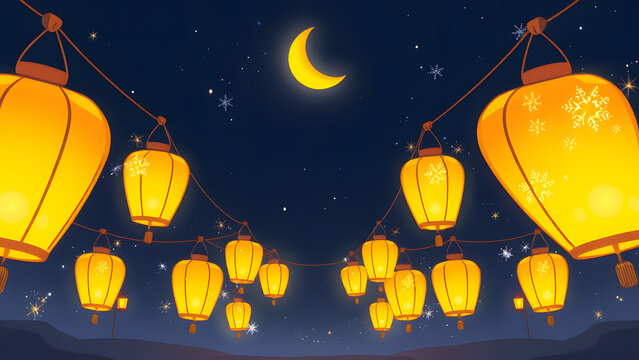 Cartoon glowing lanterns with sparkly light rays, placed symmetrically in a night sky with a cresc 