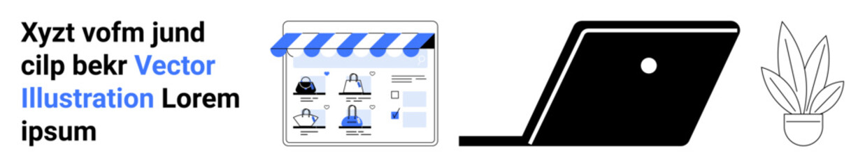 Digital store interface with multiple product icons, black laptop, potted plant. Ideal for e-commerce, online business, digital marketing, web design, retail technology modern lifestyle. Landing