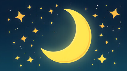 Naklejka premium Crescent moon and twinkling stars in flat style, featuring clean lines and simple shapes
