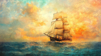 Fototapeta premium Old ship sailing through a vibrant sunset over calm waters. 
