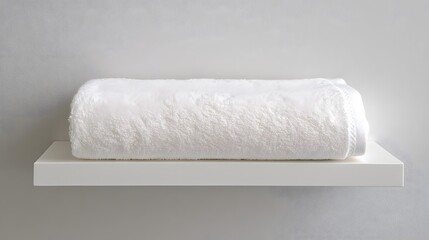 Fototapeta premium Elegant white towel display on minimalist shelf modern bathroom still life photography clean and serene environment