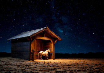 Sheep in a stable at night with stars and milky way