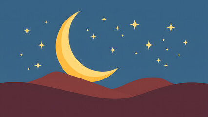 Fototapeta premium Crescent moon and twinkling stars in flat style, featuring clean lines and simple shapes
