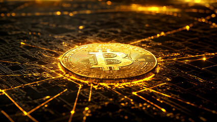 Glowing gold bitcoin with futuristic digital network.