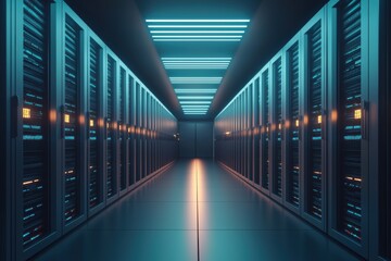 Fototapeta premium Futuristic Data Center with Neon Lights and Server Racks in View