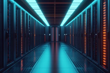 Fototapeta premium Futuristic Data Center Corridor with LED Lighting Effects