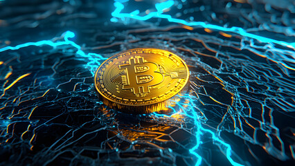 Glowing gold bitcoin with futuristic digital network.