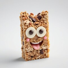 A cheerful granola bar with oats, nuts, and chocolate chips, designed with a cute face featuring big eyes, a smile, and rosy cheeks. Generative, AI,