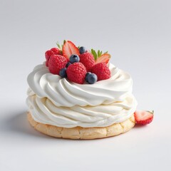 A Pavlova dessert with a crisp meringue base, fluffy whipped cream, fresh raspberries, blueberries, and sliced strawberries, elegantly arranged for a festive presentation. Generative, AI,  
