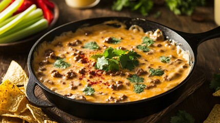 Smoked Queso Dip with Ground Beef and Fresh Cilantro in a Cast-Iron Skillet