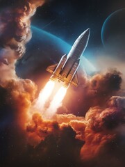 Fototapeta premium A powerful rocket launching into space, surrounded by clouds and planets.