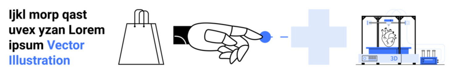 Hand pressing blue button, shopping bag, text elements, and a cart with a globe and cursor arrow icon. Ideal for e-commerce, online shopping, digital marketing, product promotion, website design