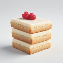 A stack of three buttery shortbread squares topped with a smooth cream layer and garnished with fresh raspberries, creating a minimal and elegant dessert presentation. Generative, AI,  
