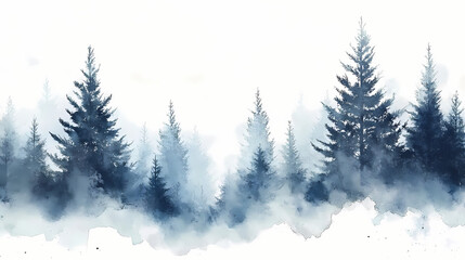 Snowy watercolor landscape with pine trees and soft snowfall in a serene winter setting. Brumal. Illustration