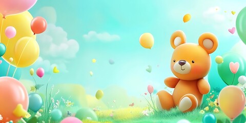 Cute Teddy Bear Amidst Colorful Balloons and Flowers