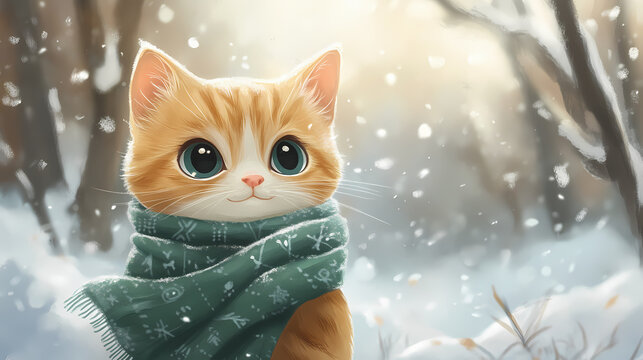 Un adorable gatito con gorro y bufanda verdes disfruta de un paseo invernal en un bosque nevado. Brumal. Illustration