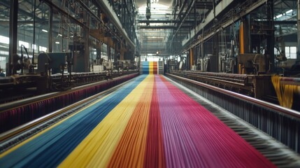 Fototapeta premium Colorful yarn threads on a large industrial loom in a textile factory.