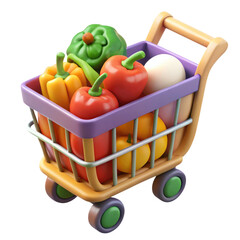 shopping cart full of vegetables plastic 3d icon in cartoon plastic style minimal isolated on transparent white background, clipping path