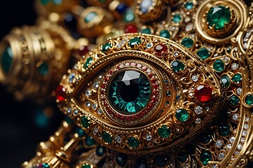 Highly Ornate Eye Surrounded By Intricate Jewelry And Encrusted With Vibrant Gemstones Sapphires, Emeralds, And Rubies