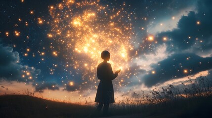 Obraz premium Child embraces stars in dreamy night sky open field fantasy scene magical atmosphere silhouette perspective