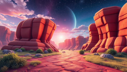 Obraz premium Alien Canyon Sunset Landscape With Red Rocks