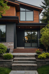 Obraz premium Modern Residence Exterior with Wood and Stone Accents