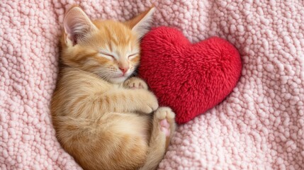 Adorable orange kitten sleeping peacefully next to heart-shaped pillow