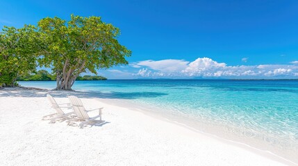 Fototapeta premium Two white chairs on pristine beach under a tree, turquoise water and blue sky.