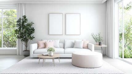 Minimalist living room with white sofa,  two empty frames, and pastel accents.