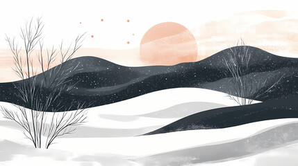 Illustrative background for winter hibernal solstice highlighting serene winter landscapes and elements. Brumal. Illustration