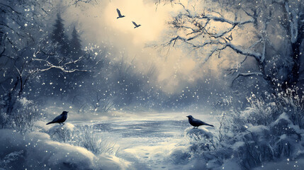 Illustrative background for winter hibernal solstice highlighting serene winter landscapes and elements. Brumal. Illustration