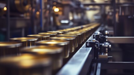 Gold cans on assembly line in dimly lit industrial setting with focused close-up perspective.