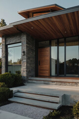 Modern Home Entrance with Stone Facade and Wood Accents