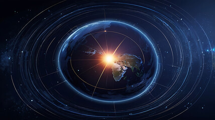 Dark blue vector background. Planet Earth. Abstract technological rings in the orbit of the planet. Global communication system and communication satellites. Religious image. The effect of movement.