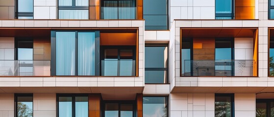 A modern apartment building featuring a striking facade with a mix of white and warm-toned panels, complemented by blue-tinted windows and balconies.