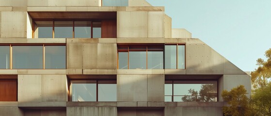 A section of a Brutalist building featuring exposed concrete and geometric, recessed windows. The raw texture of the concrete contrasts with the clean lines of the design.