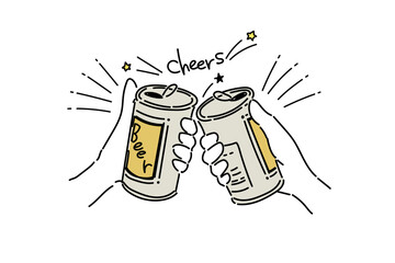 缶ビールを乾杯している手のイラスト(カラー01)