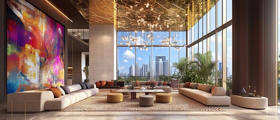 A beautifully decorated living room with a large abstract painting, elegant pendant lights, and comfortable sofas arranged in a U-shape. The room is bathed in natural light from the expansive windows.