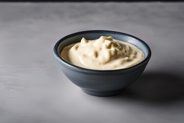 Close-up of creamy garlic mayonnaise sauce in a small bowl, with a smooth texture and light golden color, set on a dark empty table with no other elements.
