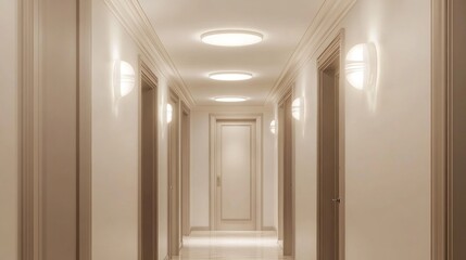 Fototapeta premium Long empty hallway with illuminated lights.