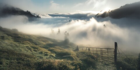 Misty mountain valley with sunlight breaking through clouds over a lush green field.