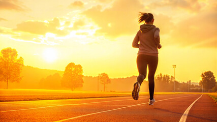 Close up behind a woman running on a athletics track during sunrise with plenty of copyspace. Created with Generative AI.