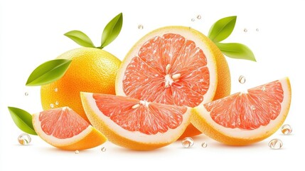 Close-up macro clipart of a sliced grapefruit, capturing intricate juicy segments and natural citrus texture, front view on a bright white backdrop.