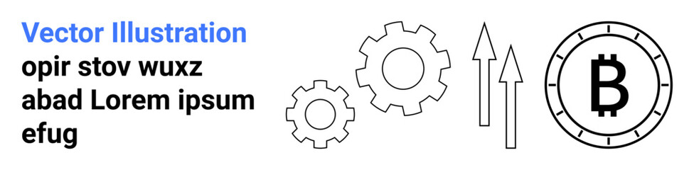 Gears, Bitcoin symbol, and arrows convey technology, productivity, and growth themes. Ideal for financial, technology, productivity, business growth, cryptocurrency, progress, and innovation. Landing