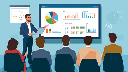 A professional giving a virtual presentation to a global audience, using a laptop and presentation slides with graphs and charts in the background 