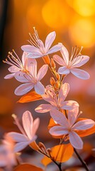 Fototapeta premium A close-up view of delicate pink flowers illuminated by warm golden sunlight, creating a serene and enchanting atmosphere, perfect for nature lovers and floral enthusiasts.
